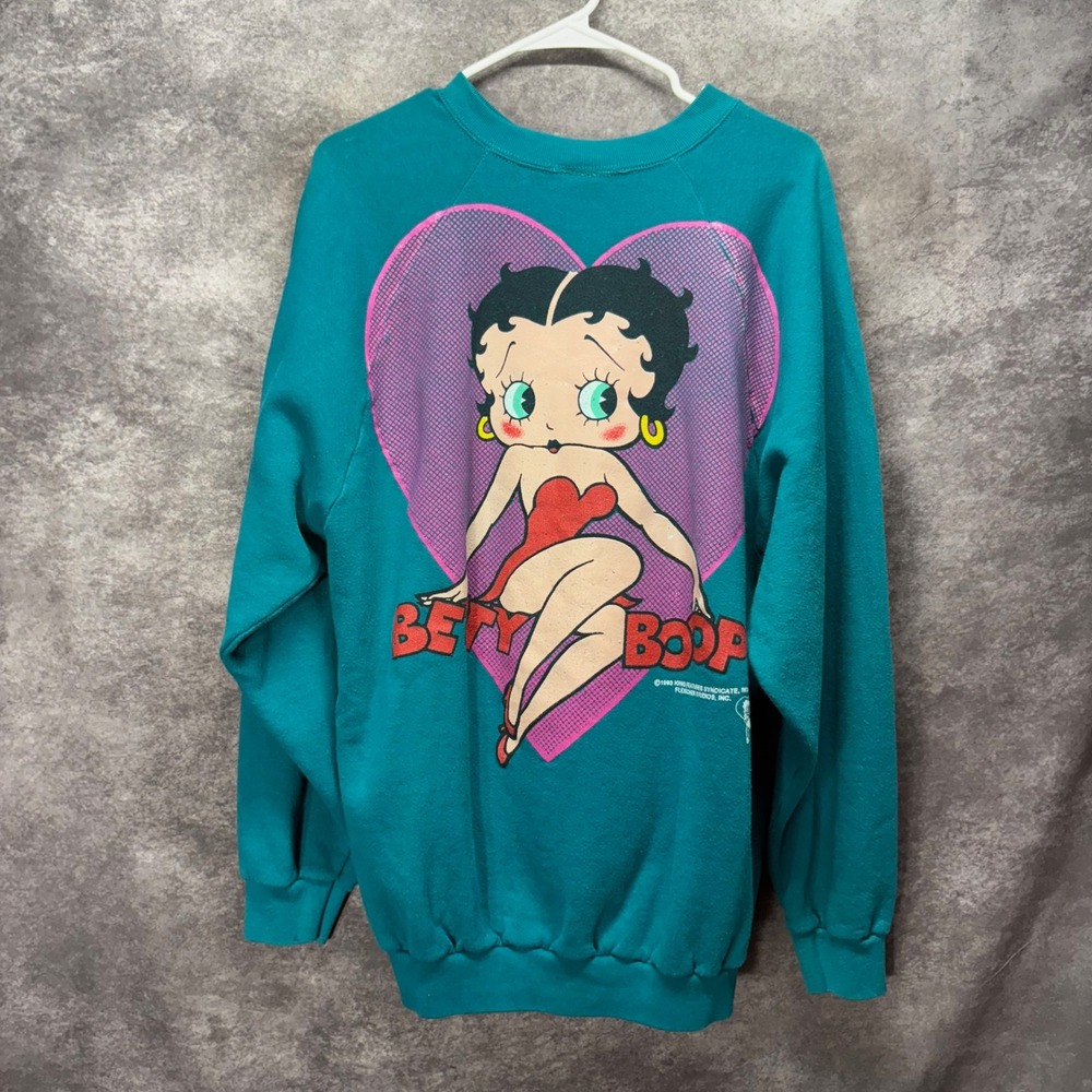 Vintage 1993 Betty Boop Freeze Teal Heart Graphic Sweatshirt Double Sided OSFA - Picture 3 of 10